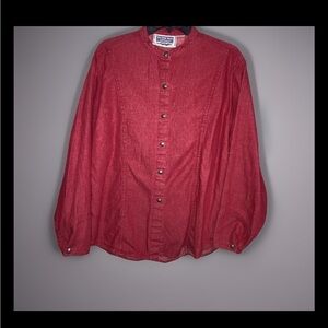 Wrangler Western Wear Vintage 90's Red Denim Button Up Shirt Band Collar Sz XL